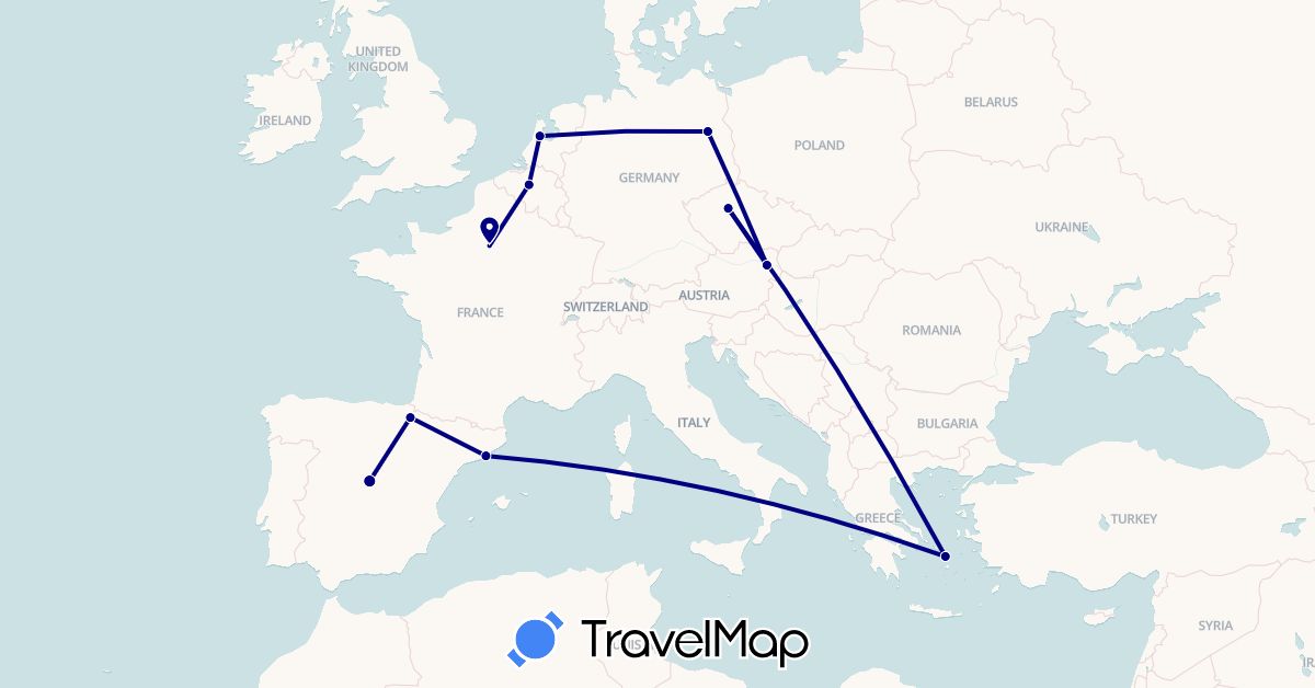 TravelMap itinerary: driving in Austria, Belgium, Czech Republic, Germany, Spain, France, Greece, Netherlands (Europe)