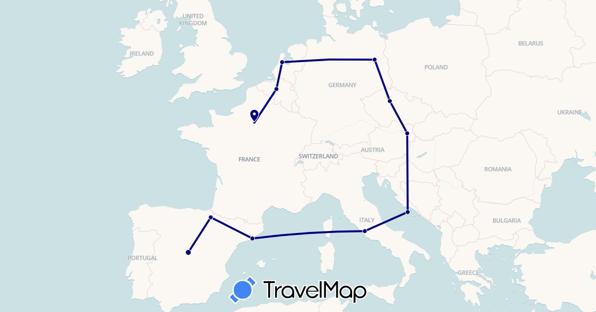 TravelMap itinerary: driving in Austria, Belgium, Czech Republic, Germany, Spain, France, Croatia, Italy, Netherlands (Europe)